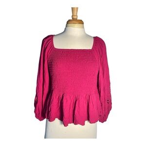 ARULA Fuchsia Smocked Blouse with Floral Cutout Sleeves